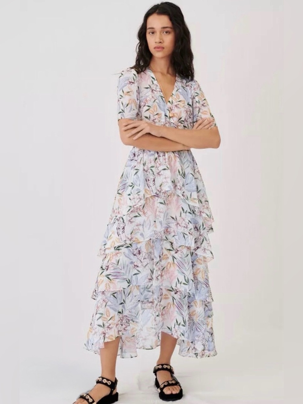 Maje Ruffle Asymmetrical Dress in White Jungle